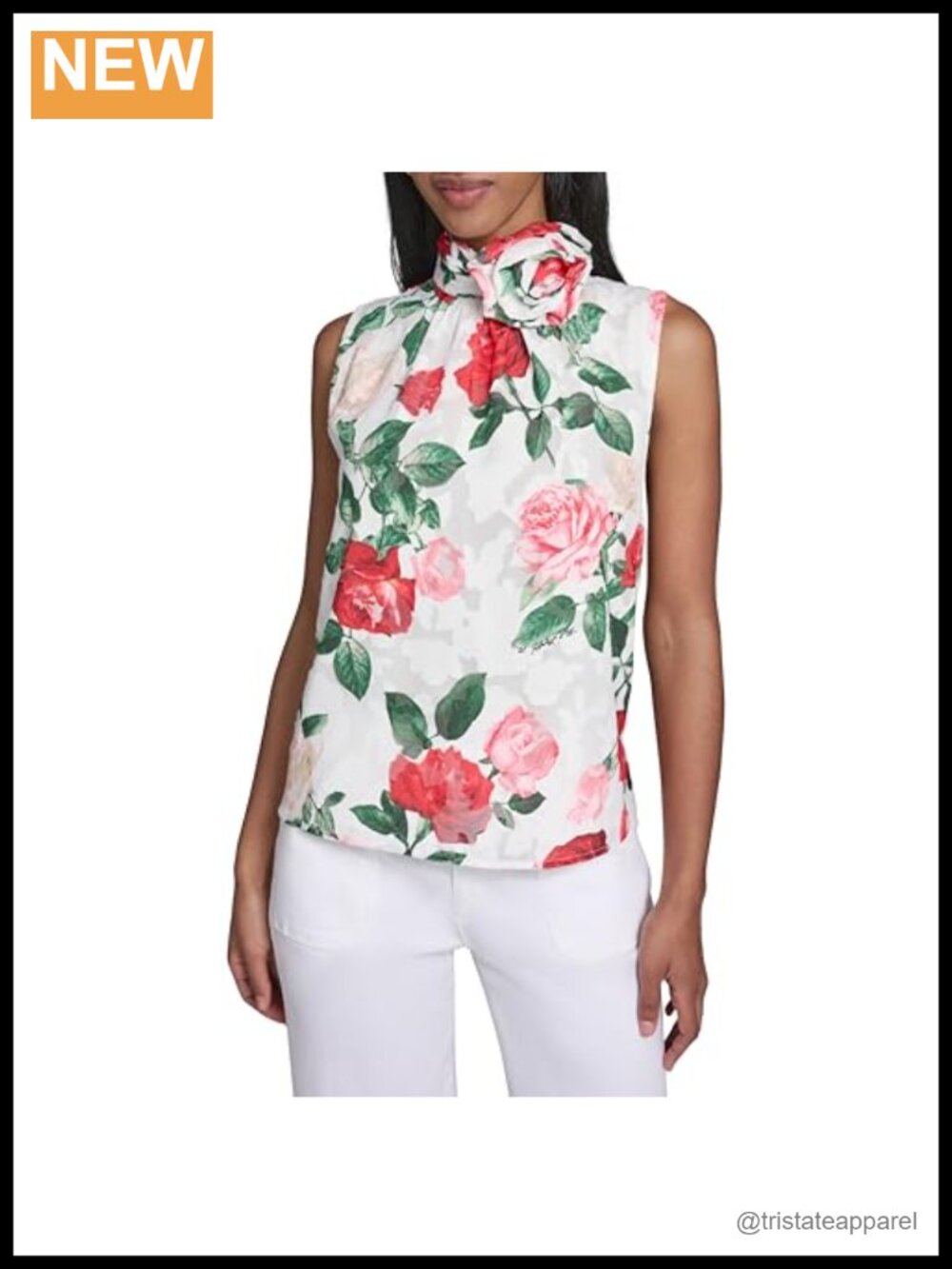 Sleeveless Chiffon Blouse with Rosette Clip Floral Pattern